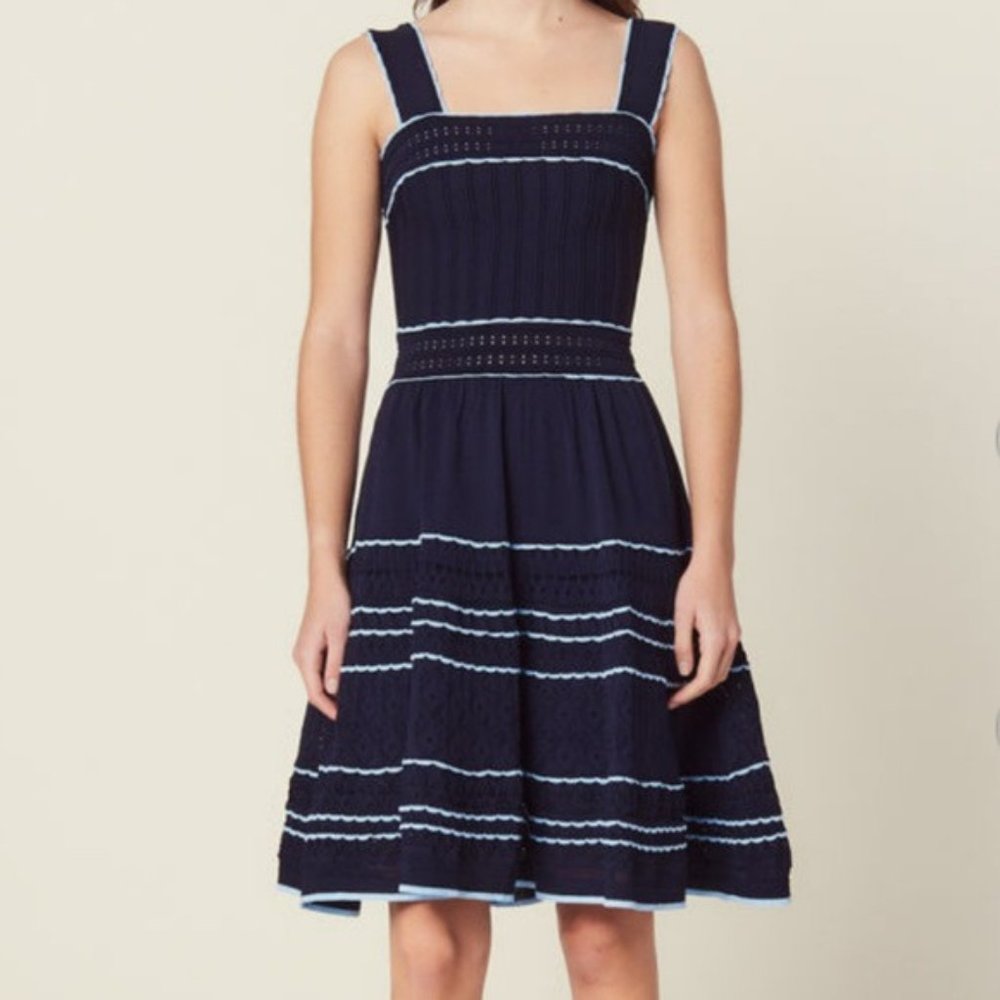 Sandro Paris Fit & Flare Navy Blue Pointelle Knit Dress With Light Blue Trim 36